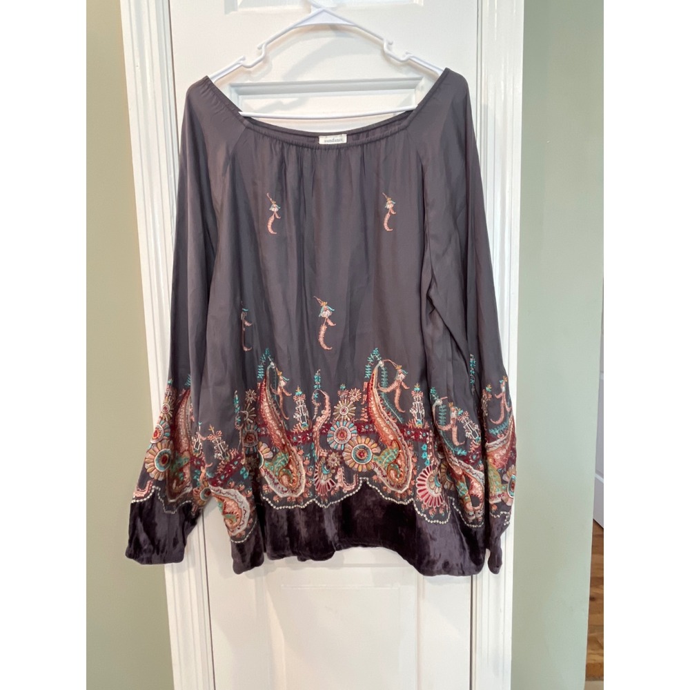 Sundance Embroidered Velvet Trim Peasant Blouse Grey Paisley Boho Top Large